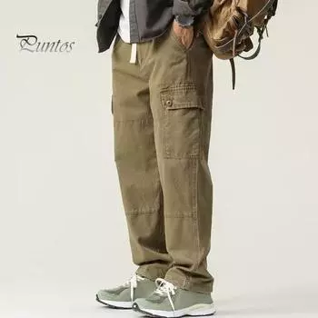 Мужские брюки-карго свободного кроя, однотонные, винтажный стиль, уличный стиль, широкие прямые брюки с несколькими карманами, уличные брюки для путешествий на открытом воздухе M коричневый