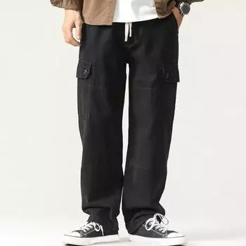 Мужские брюки-карго свободного кроя, однотонные, винтажный стиль, уличный стиль, широкие прямые брюки с несколькими карманами, уличные брюки для путешествий на открытом воздухе M чёрный