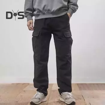 Мужские брюки-карго свободного кроя, однотонные, винтажный стиль, уличный стиль, широкие прямые брюки с несколькими карманами, уличные брюки для путешествий на открытом воздухе M чёрный