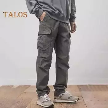 Мужские брюки-карго свободного кроя, однотонные, винтажный стиль, уличный стиль, широкие прямые брюки с несколькими карманами, уличные брюки для путешествий на открытом воздухе M хаки