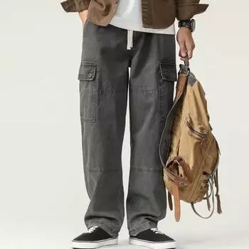 Мужские брюки-карго свободного кроя, однотонные, винтажный стиль, уличный стиль, широкие прямые брюки с несколькими карманами, уличные брюки для путешествий на открытом воздухе M зелёный