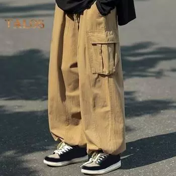 Мужские брюки-карго свободного покроя, однотонные, в винтажном стиле, вельветовые, в уличном стиле, прямые, с широкими штанинами, с несколькими карманами, для путешествий на открытом воздухе M хаки