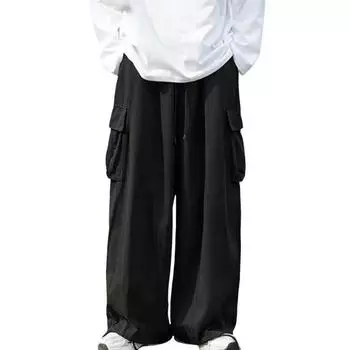 Мужские брюки-карго свободного покроя, однотонные, в винтажном стиле, вельветовые, в уличном стиле, прямые, с широкими штанинами, с несколькими карманами, для путешествий на открытом воздухе M чёрный