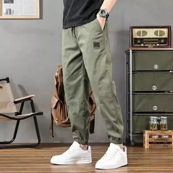 Мужские брюки-карго, свободные боковые карманы на щиколотке, эластичная резинка на талии, мягкие дышащие однотонные спортивные штаны для тренировок в тренажерном зале, длинные брюки M зелёный
