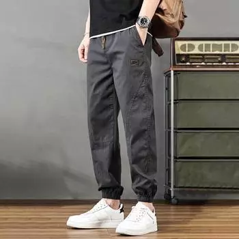 Мужские брюки-карго, свободные боковые карманы на щиколотке, эластичный пояс на шнурке, мягкий однотонный тренажерный зал M зелёный