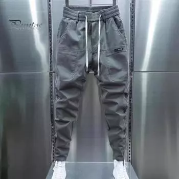 Мужские брюки-карго, свободные, с завязками на щиколотке, эластичный пояс, однотонные, с несколькими карманами, для фитнеса, уличной одежды, для активного отдыха, путешествий, спорта M серый