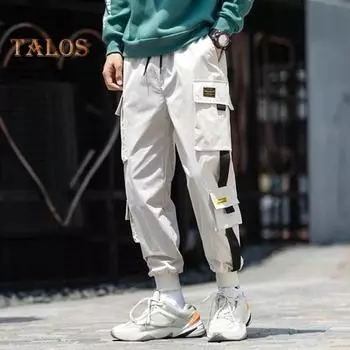Мужские брюки-карго, свободные, с завязками на щиколотке, эластичный пояс, однотонные, с несколькими карманами, декор на ремне, для фитнеса, уличной одежды, для активного отдыха, путешествий, спорта, брюки M чёрный