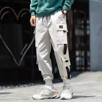 Мужские брюки-карго, свободные, с завязками на щиколотке, эластичный пояс, однотонные, с несколькими карманами, декор на ремне, для фитнеса, уличной одежды, для активного отдыха, для тренировок M чёрный