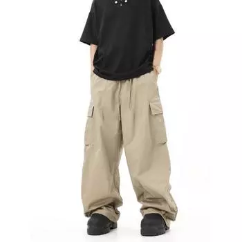 Мужские брюки-карго, свободные, широкие, винтажный стиль, эластичный пояс на шнурке, множество карманов, уличные брюки в стиле хип-хоп, длинные брюки M чёрный