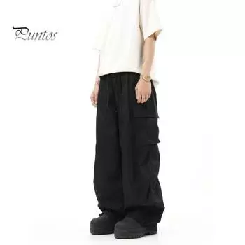 Мужские брюки-карго, свободные, широкие, винтажный стиль, эластичный пояс на шнурке, множество карманов, уличные брюки в стиле хип-хоп, длинные брюки L чёрный