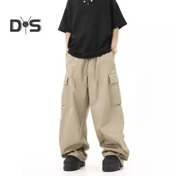 Мужские брюки-карго, свободные, широкие, винтажный стиль, эластичный пояс на шнурке, множество карманов, уличные брюки в стиле хип-хоп, длинные брюки M хаки