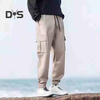 Мужские брюки-карго в японском стиле с множеством карманов, эластичным поясом на шнурке, свободные брюки до щиколотки для пеших прогулок, работы, путешествий S светло-серый