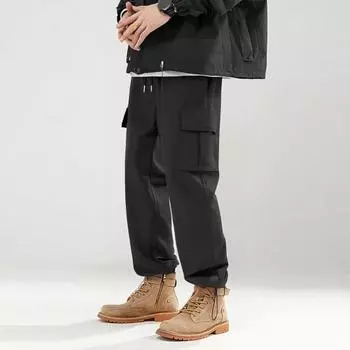 Мужские брюки-карго в японском стиле с множеством карманов, эластичный пояс на шнурке, свободные, доходящие до щиколотки S светло-серый