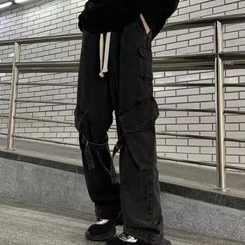 Мужские брюки-карго в уличном стиле, прямые, широкие, длинные брюки, эластичный пояс, завязка на шнурок, большие карманы, джинсовые брюки M светло-серый