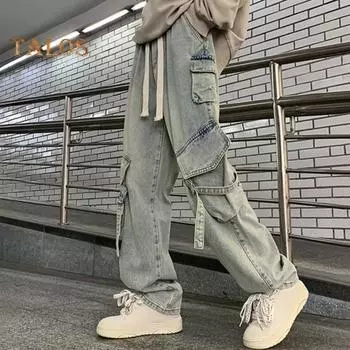 Мужские брюки-карго в уличном стиле, прямые, широкие, длинные брюки, эластичный пояс, завязка на шнурок, большие карманы, джинсовые брюки M светло-серый