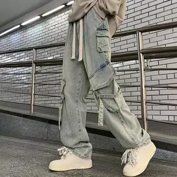Мужские брюки-карго в уличном стиле, прямые, широкие, длинные брюки, эластичный пояс, затягивающийся шнурок, большие карманы M светло-серый