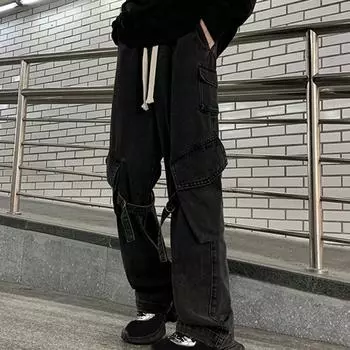 Мужские брюки-карго в уличном стиле, прямые, широкие, длинные брюки, эластичный пояс, завязка на шнурок, большие карманы, джинсовые брюки M чёрный