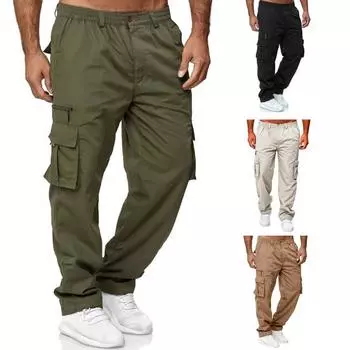 Мужские брюки-карго весна-осень с несколькими карманами, эластичный пояс, прямые штанины M хаки