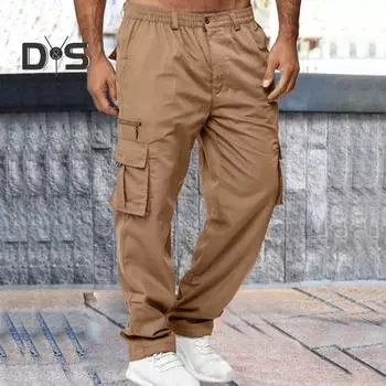 Мужские брюки-карго весна-осень с несколькими карманами, эластичный пояс, прямые спортивные брюки, эластичные брюки, однотонные, свободные, уличный стиль, для бега M армия зеленый