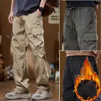Мужские брюки-карго зимние с несколькими карманами для бега, пешего туризма, прямые брюки со шнурком M хаки