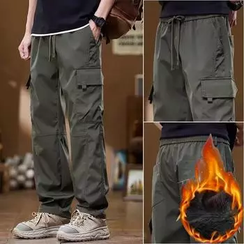 Мужские брюки-карго зимние с несколькими карманами для бега, пешего туризма, прямые брюки со шнурком M армия зеленый