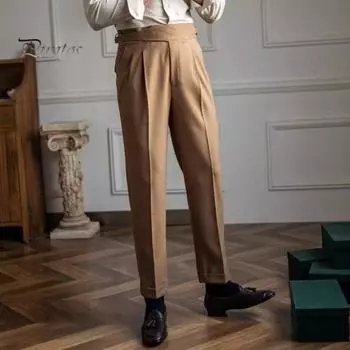 Мужские брюки-костюмы с застежкой-молнией и регулируемой талией, прямые брюки в английском стиле, однотонные, свободные, формальные, деловые, офисные брюки 28 кофейный