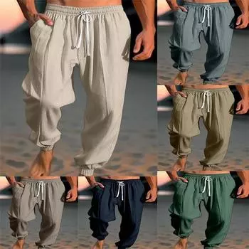 Мужские брюки льняные свободные брюки на шнурке однотонные удобные дышащие повседневные брюки на шнурке S