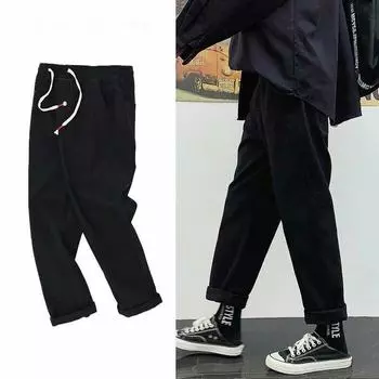 Мужские брюки Летняя весенняя одежда Прямые джинсы с девятью точками Мужские свободные узкие брюки на привязках Студенты-мужчины Трендовые универсальные широкие брюки S синий