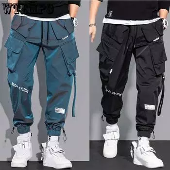 Мужские брюки, модные брюки с несколькими карманами в стиле хип-хоп, модная уличная одежда, однотонные спортивные штаны, повседневные брюки Hombre S синий