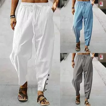 Мужские брюки на шнурке, хлопковые, с застежкой на пуговицы, эластичный пояс, однотонные, удобные, дышащие брюки, пляжные брюки S белый