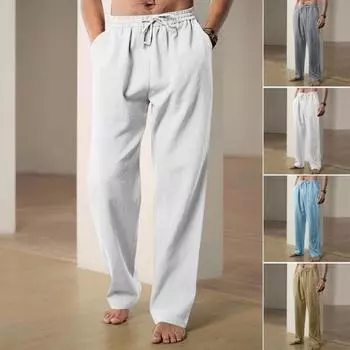 Мужские брюки на шнурке с эластичной резинкой на талии, широкие свободные однотонные брюки полной длины с карманами, повседневные мягкие дышащие мужские спортивные длинные брюки L белый