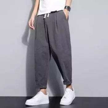 Мужские брюки Ninth, тонкие, с боковыми карманами, эластичная резинка на талии, широкие, в японском стиле, со шнурком, однотонные, ретро, для тренировок в спортзале, для бега трусцой M чёрный