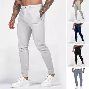 Мужские брюки, облегающие однотонные брюки до щиколотки, мягкие дышащие брюки на молнии со средней талией, мужские повседневные брюки на работу XL чёрный