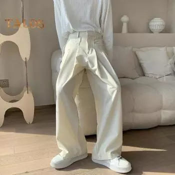 Мужские брюки однотонные из ледяного шелка, свободные, широкие, в английском стиле, с глубоким шаговым швом, с карманами и веревками, на молнии, для повседневной домашней и уличной одежды, для спорта S белый