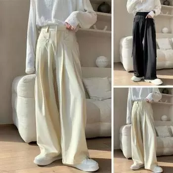 Мужские брюки однотонные из ледяного шелка, свободные, широкие, в английском стиле, с глубоким шаговым швом, с карманами и веревками, на молнии, для повседневной домашней и уличной одежды, для спорта S белый