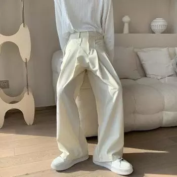 Мужские брюки однотонные из ледяного шелка, свободные, широкие, в английском стиле, с глубоким шаговым швом, с карманами и веревками, на молнии, для повседневной домашней и уличной одежды, для спорта S чёрный