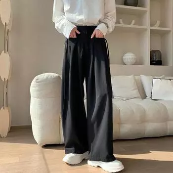 Мужские брюки однотонные из ледяного шелка, свободные, широкие, в английском стиле, с глубоким шаговым швом, с карманами и веревками, на молнии, для повседневной домашней и уличной одежды, для спорта S чёрный