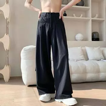 Мужские брюки однотонные из ледяного шелка, свободные, широкие, в английском стиле, с глубоким шаговым швом, с карманами и веревками, на молнии, для повседневной домашней и уличной одежды, для спорта S белый