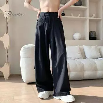 Мужские брюки однотонные из ледяного шелка, свободные, широкие, в английском стиле, с глубоким шаговым швом, с карманами и веревками, на молнии, для повседневной домашней и уличной одежды, для спорта S белый