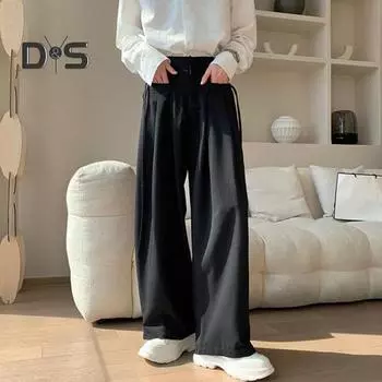 Мужские брюки однотонные из ледяного шелка, свободные, широкие, в английском стиле, с глубоким шаговым швом, с карманами и веревками, на молнии, для повседневной домашней и уличной одежды, для спорта S белый