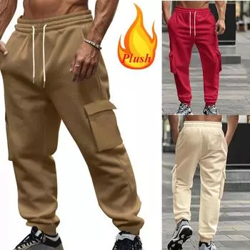 Мужские брюки осень-зима плюс флис теплые многокарманные свободные уличные прямые повседневные карго мужские спортивные брюки S белый