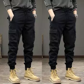 Мужские брюки, плотные водонепроницаемые флисовые брюки-карго, мужские зимние уличные брюки с несколькими карманами, свободные прямые брюки-комбинезон XXXXXL чёрный