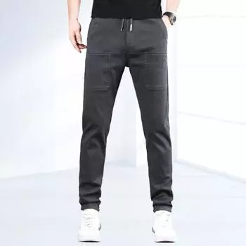 Мужские брюки с 6 карманами в стиле пэчворк, прямые, широкие, на шнурке, однотонные, свободные, с эластичной резинкой на талии, для отдыха, для работы, путешествий, длинные L темно-серого