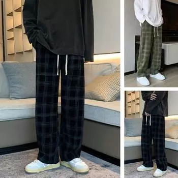 Мужские брюки с эластичной резинкой на талии и клетчатым принтом, широкие брюки, свободные прямые, с глубокой промежностью, мягкие дышащие повседневные спортивные спортивные штаны, пара длинных брюк S армия зеленый