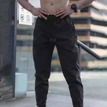 Мужские брюки с эластичной резинкой на талии, с резинкой на щиколотке и боковыми карманами, однотонные, для бега, тренировок, фитнеса, длинные брюки, повседневные, спортивные S темно-серого