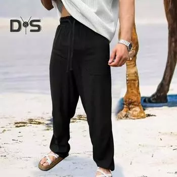 Мужские брюки с эластичной талией на шнурке, прямые, свободные, однотонные, с карманами, впитывающие пот, повседневная одежда, повседневные спортивные брюки, длинные спортивные штаны M светло-зеленый