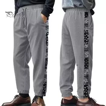 Мужские брюки с эластичной талией на шнурке, свободные спортивные штаны Curduroy с принтом цветов кешью, уличные брюки для путешествий и работы L темно-синий