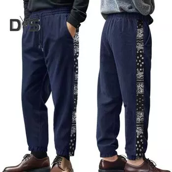 Мужские брюки с эластичной талией на шнурке, свободные спортивные штаны Curduroy с принтом цветов кешью, уличные брюки для путешествий и работы L чёрный