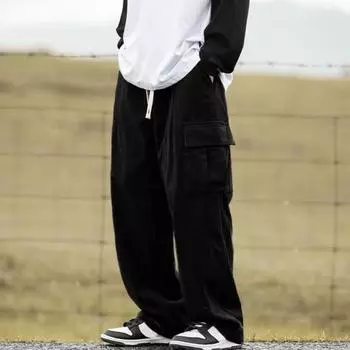 Мужские брюки с эластичной талией, регулируемые на шнурке, длинные брюки с карманами с клапанами, однотонные свободные вельветовые брюки XXL чёрный