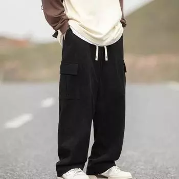 Мужские брюки с эластичной талией, регулируемые на шнурке, длинные брюки с карманами с клапанами, однотонные свободные вельветовые брюки XXL чёрный